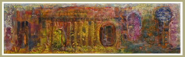 "SECUENCIA HORIZONTAL VI" | Collage, tintas, pigmentos, ácido... y óleo sobre madera ensamblada y preparada. 26x87cm. 2017-19.