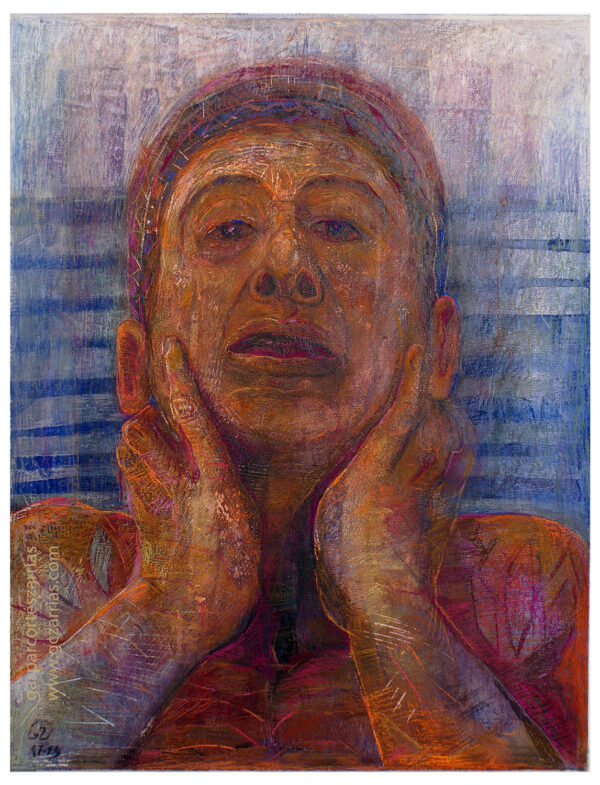 "EL LLANTO / NO QUIERO MIRAR II" | Esmaltes, tintas, pigmentos y Pastel sobre cartulina Canson naranja. 65x50cm. 2017-febrero 2019.