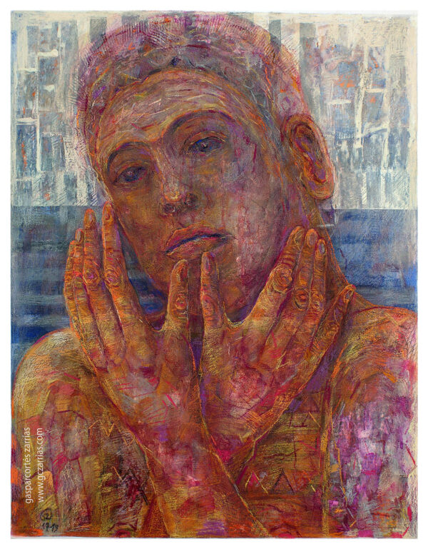 "EL LLANTO / NO QUIERO MIRAR III" | Esmaltes, tintas, pigmentos y Pastel sobre cartulina Canson naranja. 65x50cm. 2017-Abril 2019.