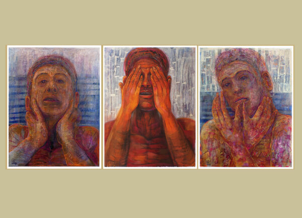 "EL LLANTO / NO QUIERO MIRAR / TRÍPTICO" | Esmaltes, tintas, pigmentos y Pastel sobre cartulina Canson naranja. 65x50x3cm. 2017-2019.