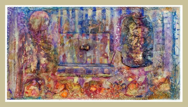 "BREVE SECUENCIA DE TIEMPO I" | Metal oxidado, metacrilato, madera, objetos diversos, polvo de mármol, esmalte, óleo, ácido, pan de oro... sobre madera ensamblada y preparada. 31,5x56,5cm. 2019.