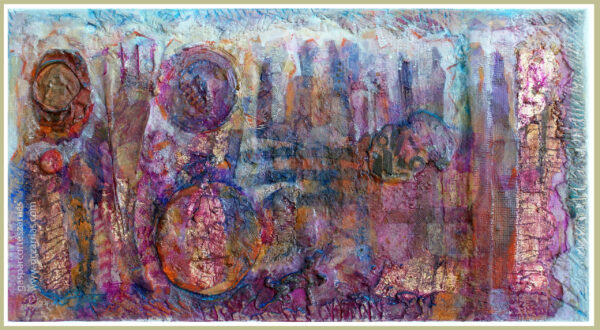 "BREVE SECUENCIA DE TIEMPO II" | Metal oxidado, metacrilato, madera, objetos diversos, polvo de mármol, esmalte, óleo, ácido, pan de oro... sobre madera ensamblada y preparada. 31,5x56,5cm. 2019.