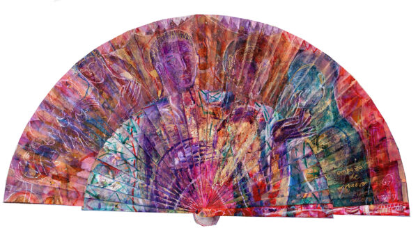 | "EMPEZAR DE NUEVO" | Esmalte, acrílico, tintas chinas, rotuladores, pan de oro, sobre abanico en tela blanca. Reverso esmalte blanco línea oro. Semicírculo 50 cm. Diámetro. 10-17 de julio 2019 / Colección particular.