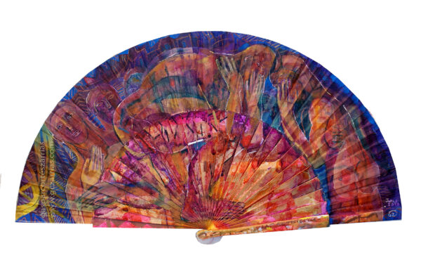 "LA IMPACIENCIA" | Esmalte, acrílico, tintas chinas, rotuladores, pan de oro, sobre abanico en tela blanca. Reverso esmalte blanco línea oro. Semicírculo 50 cm. Diámetro. 18-24 de julio 2019.