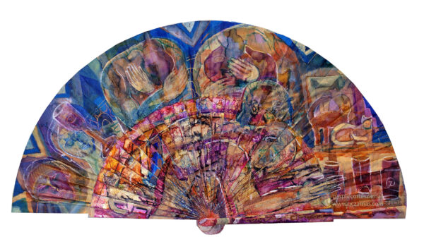 "CONVALECENCIA" | Esmalte, acrílico, tintas chinas, rotuladores, pan de oro, sobre abanico en tela blanca. Reverso esmalte blanco línea oro. Semicírculo 50 cm. Diámetro. 24-28 de julio 2019.