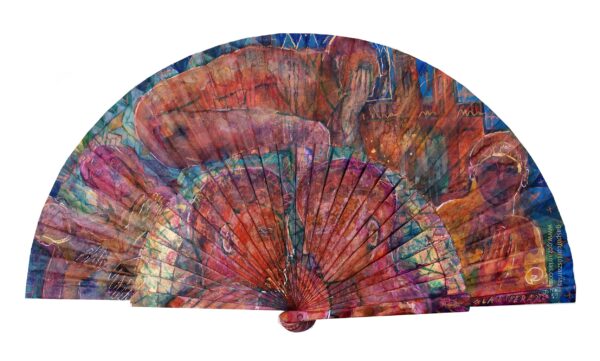 "LA ESPERA" | Esmalte, acrílico, tintas chinas, rotuladores, pan de oro, sobre abanico en tela blanca. Reverso esmalte blanco línea oro. Semicírculo 50 cm. Diámetro. 30 de julio-6 de agosto 2019.