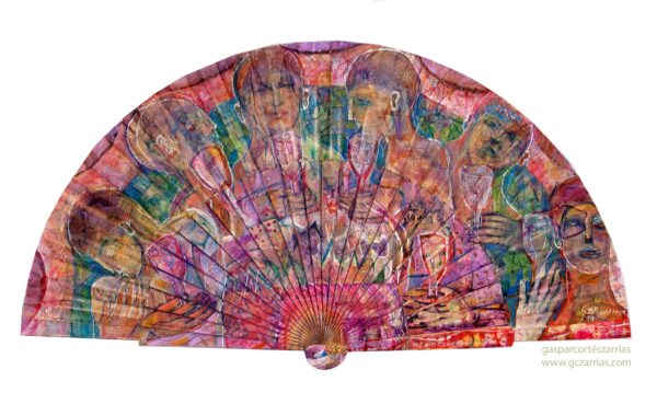 "LA RECUPERACIÓN" | Esmalte, acrílico, tintas chinas, rotuladores, pan de oro, sobre abanico en tela blanca. Reverso esmalte blanco línea oro. Semicírculo 50 cm. Diámetro. 7-13 de agosto 2019.