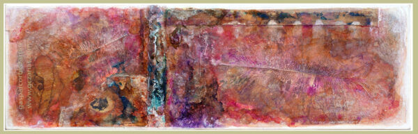 "SECUENCIA Y PLUMAS II / ACASO DOS INSTANTES VANOS" | Esmaltes, acrílicos, tintas chinas, rotuladores, pan de oro... Sobre madera y cartón. 18,5x58cm. 20-23 de agosto 2019.