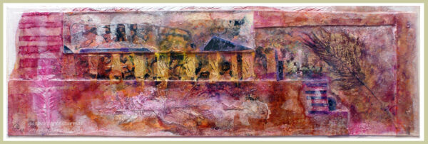 "SECUENCIA Y PLUMAS III / ACASO UNA LLUVIA PERSISTENTE" | Esmaltes, acrílicos, tintas chinas, rotuladores, pan de oro... Sobre madera y cartón. 18,5x58cm. Septiembre 2019.