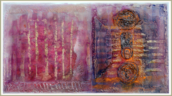 "BREVE SECUENCIA DE TIEMPO III" | Metal oxidado, metacrilato, madera, objetos diversos, polvo de mármol, esmalte, óleo, ácido, pan de oro... sobre madera ensamblada y preparada. 31,5x56,5cm. Dic 2019.