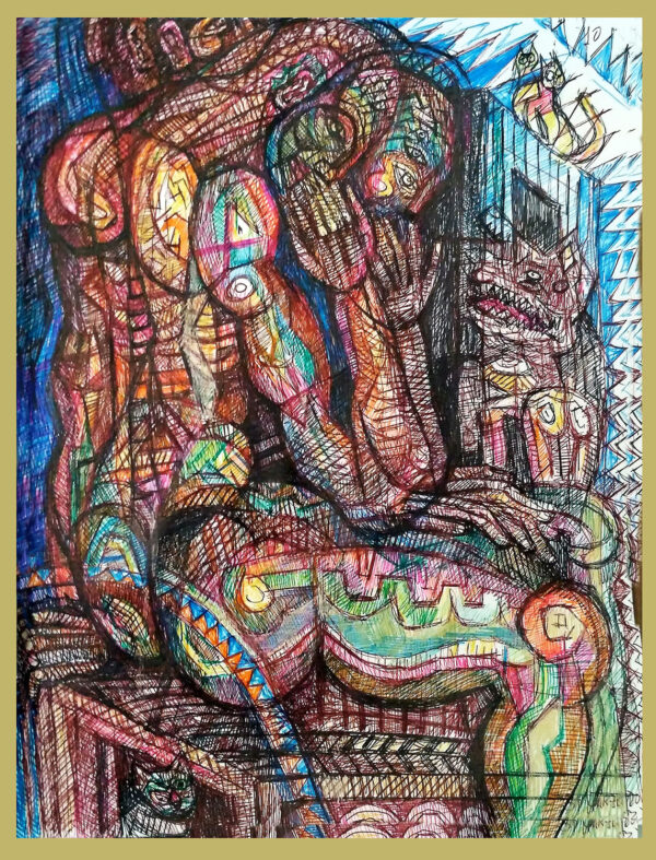 "ME DAN IGUAL TUS LADRIDOS" | Libro XII. Dibujo 10. 6 tintas bolígrafo de gel. 17x22cm. 2018 / Colección particular.