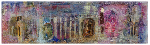 "SECUENCIA HORIZONTAL VI" | Collage, tintas, pigmentos, ácido... y óleo sobre madera ensamblada y preparada. 26x87cm. 2017-2018.