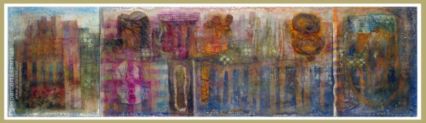 "POLÍPTICO HORIZONTAL I - CIUDAD OXIDADA" | Collage, tintas, pigmentos, ácido... y óleo sobre madera ensamblada y preparada. 32,5x117cm. 2017-2018.