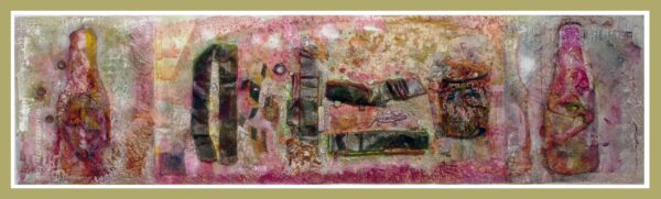 "POLÍPTICO HORIZONTAL II - RECIPIENTES OXIDADOS - BOTELLINES DE EL ALCÁZAR" | Collage, tintas, pigmentos, ácido... y óleo sobre madera ensamblada y preparada. 32,5x117 cm. 2018.