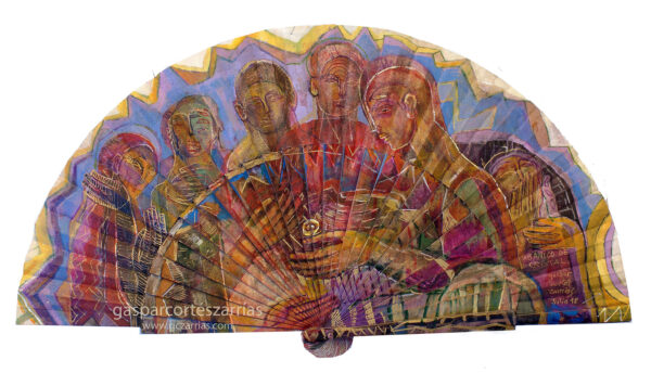 "ABANICO DE CRISTAL" | Semicírculo 50 cm. Diámetro. Esmalte, acrílico, tintas chinas, rotuladores sobre abanico en tela blanca. Reverso esmalte cobre línea blanca. Julio 2018.