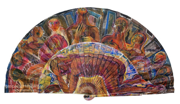 "LA BÚSQUEDA". Semicírculo 50 cm. Diámetro. Esmalte, acrílico, tintas chinas, rotuladores sobre abanico en tela blanca. Reverso esmalte cobre línea blanca. Julio 2018. Colección Particular.