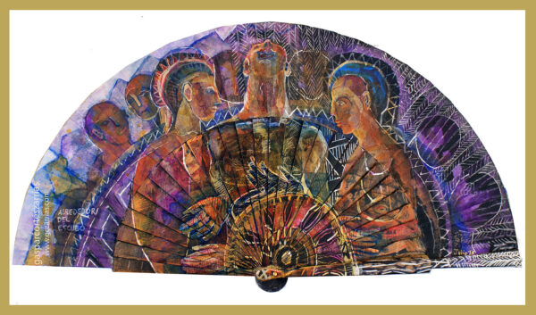 "ALREDEDOR DEL ESCUDO" | Semicírculo 50 cm. Diámetro. Esmalte, acrílico, tintas chinas, rotuladores, témpera sobre abanico de tela negra. Julio 2018 / Colección particular.