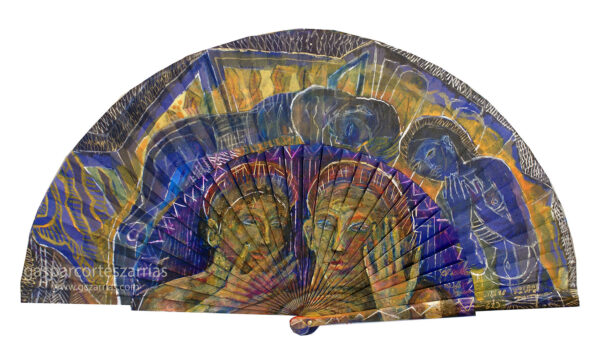 "EL SECRETO MEJOR GUARDADO" | Semicírculo 50 cm. Diámetro. Esmalte, acrílico, tintas chinas, rotuladores, témpera sobre abanico de tela violeta. Julio 2018 / Colección particular.