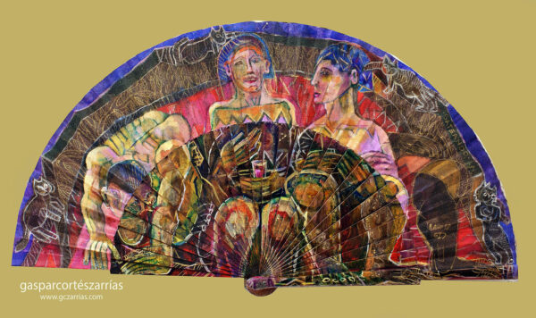 "GATEANDO" | Semicírculo 50 cm. Diámetro. Esmalte, acrílico, tintas chinas, rotuladores sobre abanico en tela marrón. Reverso esmalte cobre línea blanca. Agosto 2018. / Colección particular.