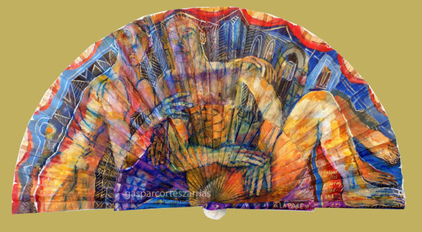 "LA POSE" | Semicírculo 50 cm. Diámetro. Esmalte, acrílico, tintas chinas, rotuladores sobre abanico en tela blanca. Reverso esmalte cobre línea blanca. Julio 2008- RESTAURADO 2018 / Colección particular.