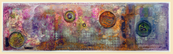 "SECUENCIA HORIZONTAL IV" | Collage, tintas, pigmentos, ácido y óleo sobre madera preparada. 26x87cm. 2017.