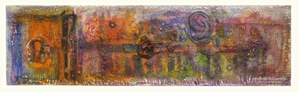 "SECUENCIA HORIZONTAL V" | Collage, tintas, pigmentos, ácido y óleo sobre madera preparada. 26x87cm. 2017.