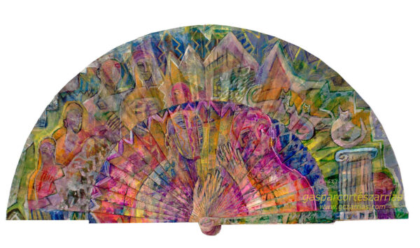 "MEDITACIÓN" | Esmalte, acrílico, tintas chinas, rotuladores sobre abanico en tela blanca. Reverso esmalte blanco. Semicírculo 50 cm. Diámetro. 15-19 julio 2017 / Colección particular.