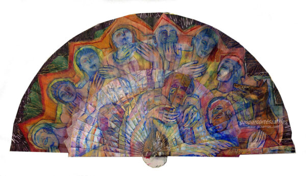 "PÉRDIDAS" | Esmalte, acrílico, tintas chinas, rotuladores sobre abanico en tela blanca. Reverso esmalte blanco. Semicírculo 50 cm. Diámetro. 19-24 julio 2017 /Colección Particular.