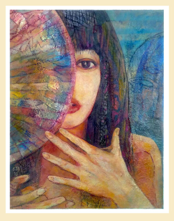 "La Absorta wagneriana -LA MIRADA ABSORTA con abanico" | Óleo, pigmentos y tintas sobre madera preparada con polvo de mármol. 53x41,5cm. Marzo 2016.