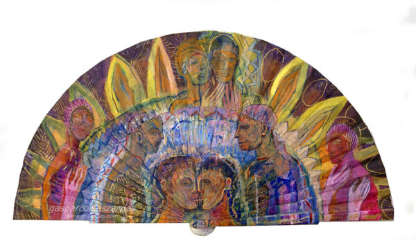 "MIRADAS ENFRENTADAS" | Esmalte, acrílico, tintas chinas, rotuladores sobre abanico en tela blanca. Reverso esmalte blanco. Semicírculo 50 cm. Diámetro. 1-6 agosto 2017 / Colección particular.