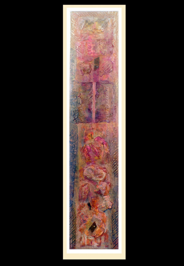 "SECUENCIA VERTICAL VI - TREPANDO FLORES" | Polvo de mármol, tintas, Collage, óleo sobre madera preparada. 84,5×18cm. Abril 2016.