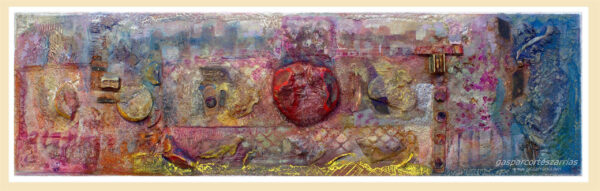 SECUENCIA HORIZONTAL II. Collage, tintas, pigmentos, ácido y óleo sobre madera preparada. 26x87cm. 2016-2017.