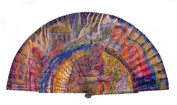 "DOS TIEMPOS" | Esmalte, acrílico, tintas chinas, rotuladores sobre abanico en tela blanca. Reverso esmalte blanco. Semicírculo 50 cm. Diámetro. 2017 / Colección Particular.