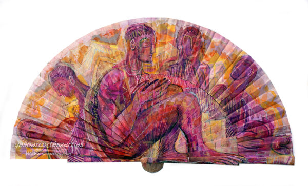 "EL MAESTRO y sus acólitos". Esmalte, acrílico, tintas chinas, rotuladores sobre abanico en tela blanca. Reverso esmalte blanco. Semicírculo 50 cm. Diámetro. Finales de agosto y principio de septiembre 2017. Colección Particular.