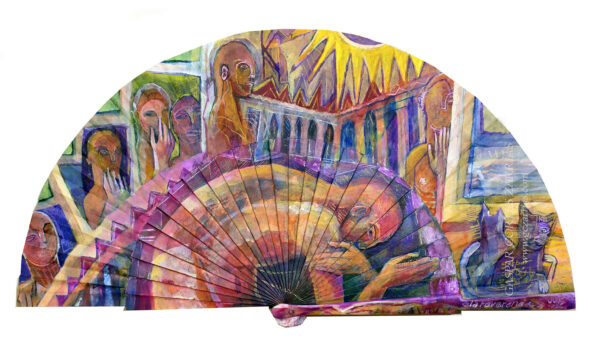 "LA REVERENCIA" | Esmalte, acrílico, tintas chinas, rotuladores sobre abanico en tela blanca. Reverso esmalte blanco. Semicírculo 50 cm. Diámetro. 15-19 julio 2016 / Colección particular.