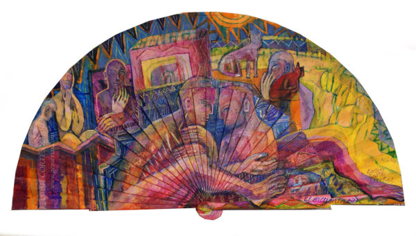 "EL ENCUENTRO" | Esmalte, acrílico, tintas chinas, rotuladores sobre abanico en tela blanca. Reverso esmalte blanco. Semicírculo 50 cm. Diámetro. 25 julio 2016 / Colección particular.
