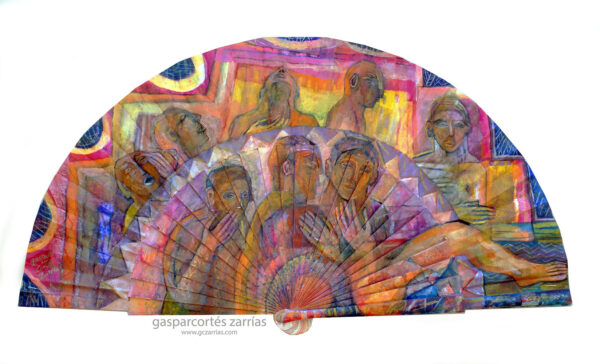 "ALREDEDOR DEL CONSUELO" | Esmalte, acrílico, tintas chinas, rotuladores sobre abanico en tela blanca. Reverso esmalte blanco. Semicírculo 50 cm. Diámetro. Julio- agosto 2016. Colección Particular.