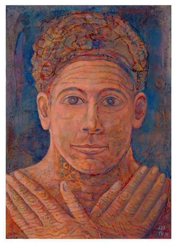 "ROSTRO SERENO. definitivo" |  Polvo de mármol, pigmentos, pan de oro y óleo sobre collage y madera. 48x34cm.  2015. "ROSTRO SERENO. definitivo" | Polvo de mármol, pigmentos, pan de oro y óleo sobre collage y madera. 48x34cm. 2015.