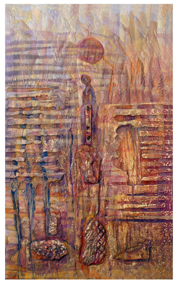 "MIRADA AL AMANECER" |  Polvo de mármol, pigmentos, pan de oro y óleo sobre collage y madera. 73x45cm.  2015. "MIRADA AL AMANECER" | Polvo de mármol, pigmentos, pan de oro y óleo sobre collage y madera. 73x45cm. 2015.