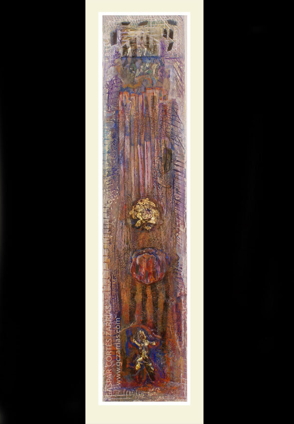 "BUSCANDO LA ALTURA - EL TREPADOR" |  Collage, Óleo, pan de oro, pigmentos sobre madera. 84,5x18cm. 2015. "BUSCANDO LA ALTURA - EL TREPADOR" | Collage, Óleo, pan de oro, pigmentos sobre madera. 84,5x18cm. 2015.