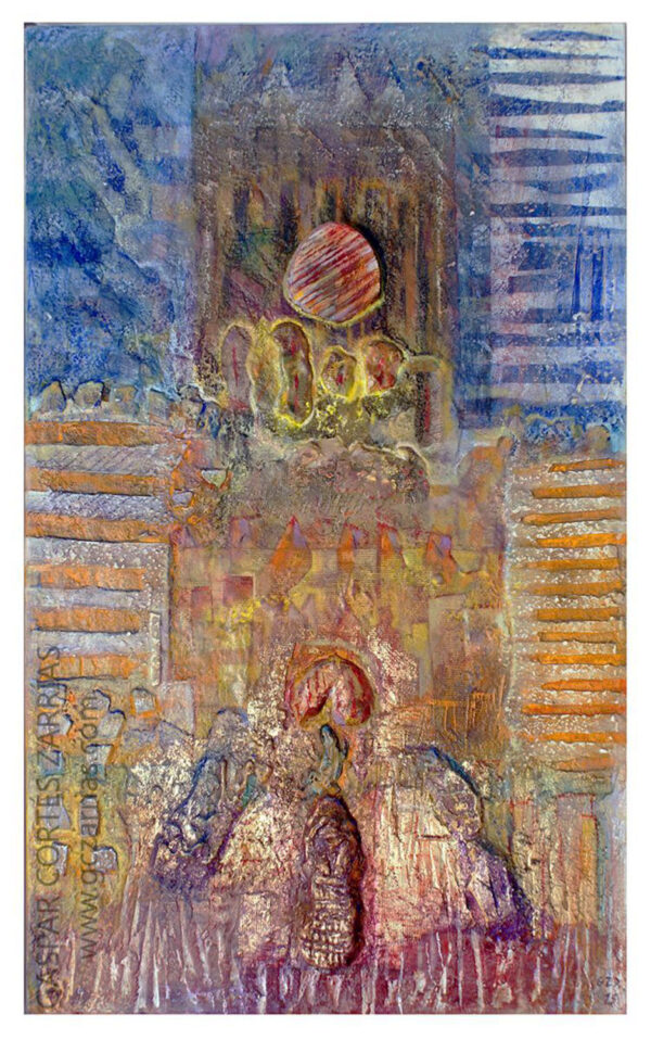 "ENCUENTRO AL AMANECER" |  Polvo de mármol, pigmentos, pan de oro y óleo sobre madera preparada.  73x45cm. 2015. "ENCUENTRO AL AMANECER" | Polvo de mármol, pigmentos, pan de oro y óleo sobre madera preparada. 73x45cm. 2015.