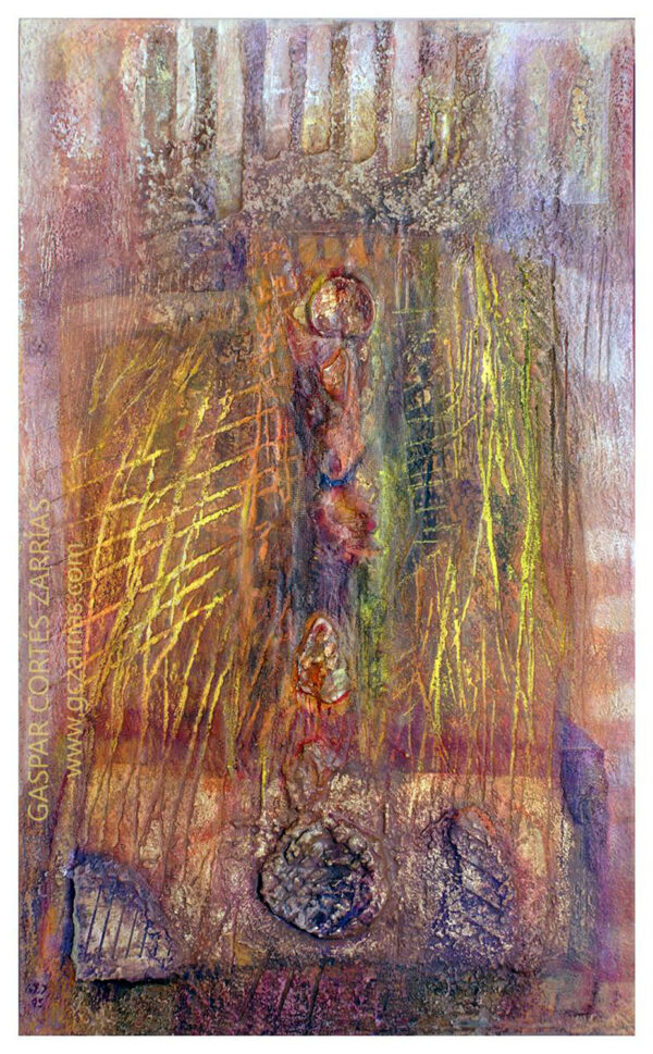 "OBJETOS AL ATARDECER" |  Polvo de mármol, pigmentos, pan de oro y óleo sobre madera preparada. 73x45cm.  2015. "OBJETOS AL ATARDECER" | Polvo de mármol, pigmentos, pan de oro y óleo sobre madera preparada. 73x45cm. 2015.