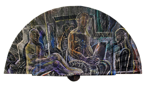 "DESCANSO NOCTURNO" |  Esmalte, acrílico, tintas chinas, rotuladores sobre abanico en tela blanca. Reverso esmalte blanco. Semicírculo 50 cm. Diámetro.  2015. Colección Particular. "DESCANSO NOCTURNO" | Esmalte, acrílico, tintas chinas, rotuladores sobre abanico en tela blanca. Reverso esmalte blanco. Semicírculo 50 cm. Diámetro. 2015. Colección Particular.
