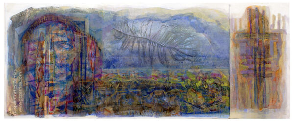"PANORÁMICA SURREALISTA CON PLUMA Y PAISAJE INVENTADO" |  Tintas, rotuladores, acrílico, gouache y collage sobre radiografía y papel montado en madera. 21,5x53cm. 2015. "PANORÁMICA SURREALISTA CON PLUMA Y PAISAJE INVENTADO" | Tintas, rotuladores, acrílico, gouache y collage sobre radiografía y papel montado en madera. 21,5x53cm. 2015.
