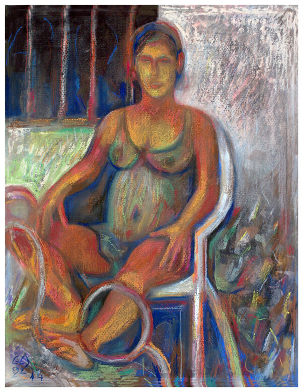 "PAQUI EMBARAZADA DE FERNANDO" | Pastel sobre cartulina Canson negra. 34x27 cm. 1992- revisado y restaurado en 2014 / Colección del autor.