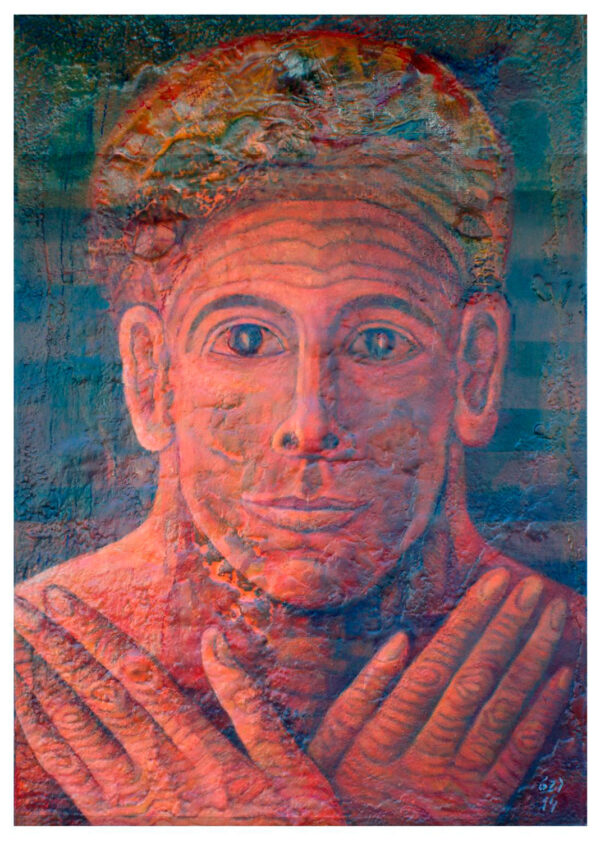 "ROSTRO SERENO". previo en proceso. Polvo de mármol, pigmentos, y óleo sobre collage y madera preparada. 48x30 cm. 2014