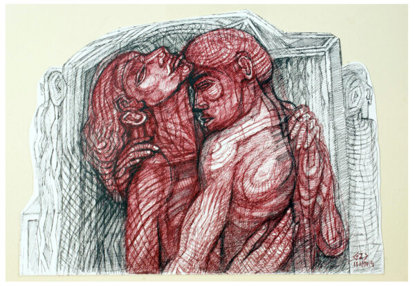 "TIERNO ABRAZO" | Diario de Dibujos a bolígrafo sepia y negro. FORMATO A4. 2014 / Colección particular.