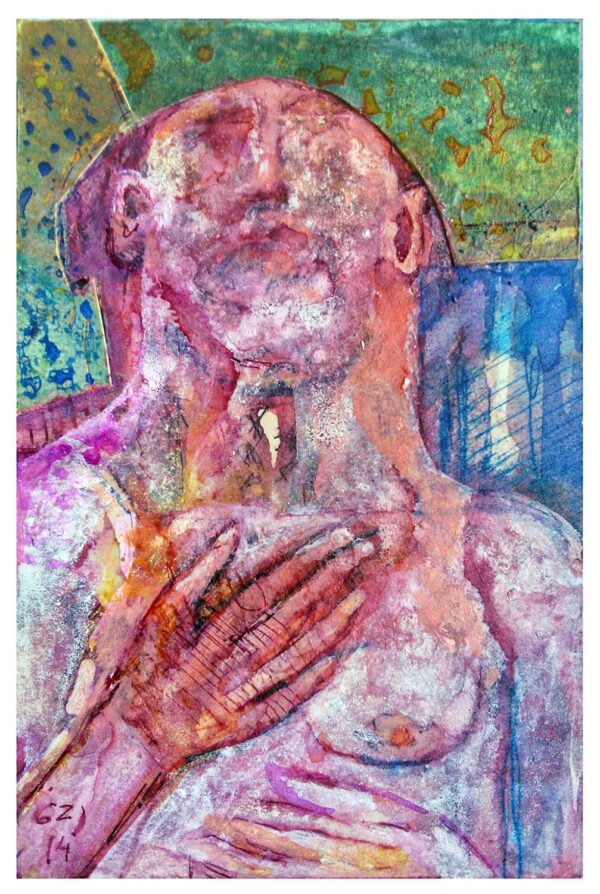 "CON LA MANO EN EL PECHO" | Tintas y collage sobre cartón. 9x6cm. 2014 / Colección particular.