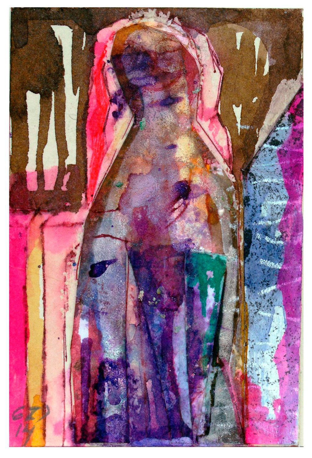 FIGURA ABIERTA. tintas y collage sobre cartón. 9x6cm. 2014. Colección particular.