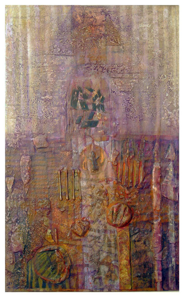 "LA PUERTA DEL ABISMO" Polvo de mármol, pigmentos, pan de oro y óleo sobre collage y madera. 73x45cm. 2014.